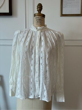 Women's Ivory Lace High-Neck Button Blouse